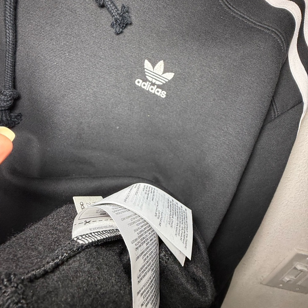 Adidas Cropped Black Hoodie 3 Stripe Trefoil Logo | XS | Athleisure Sweatshirt - Picture 5 of 7